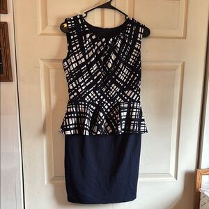 Enfocus Studio Blue and White Peplum Sheath Dress